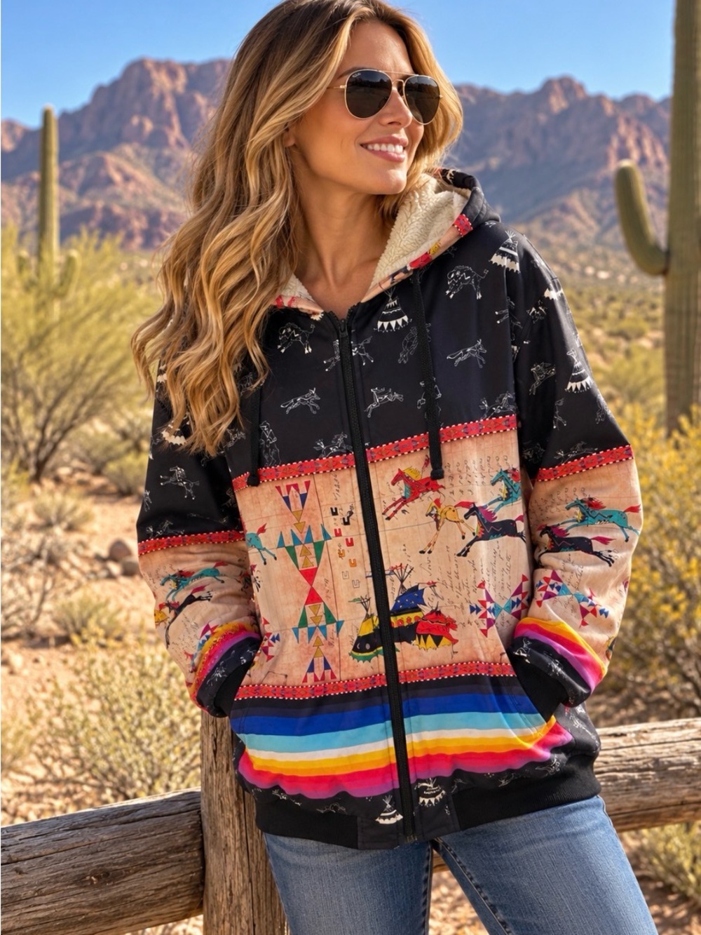 Xl/1X Black Multicolor Southwestern Sherpa-like Lined Hooded jacket western